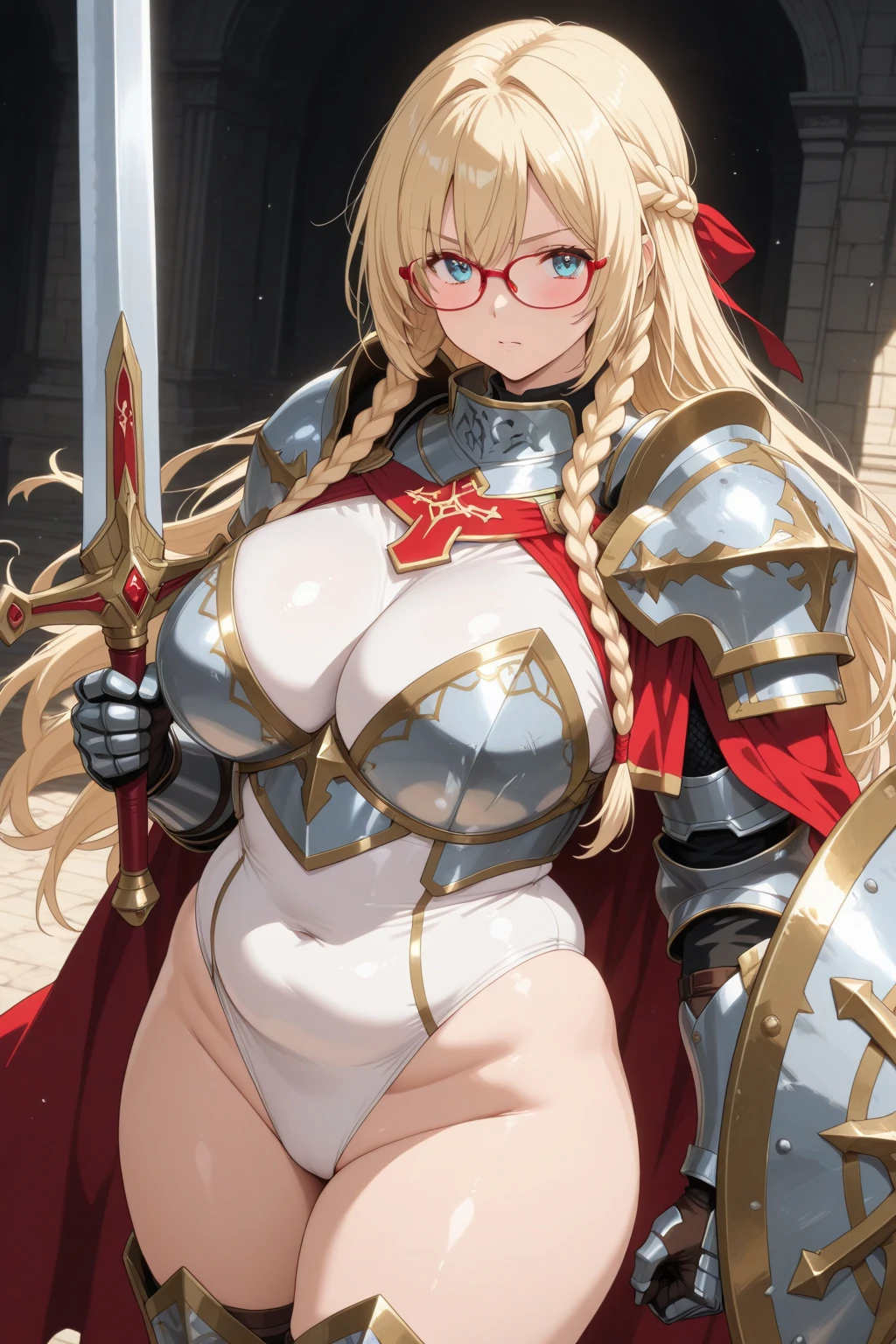 1 girl, wavy hair, long hair, red eyes, blonde, erect nipples, areola slip, big breasts, earrings, blushed, light smile, panties, blurry background, armor, brocade pattern, pubic hair, french braid, pepperoni nipples, dragon, sword, micro mini skirt, see-through