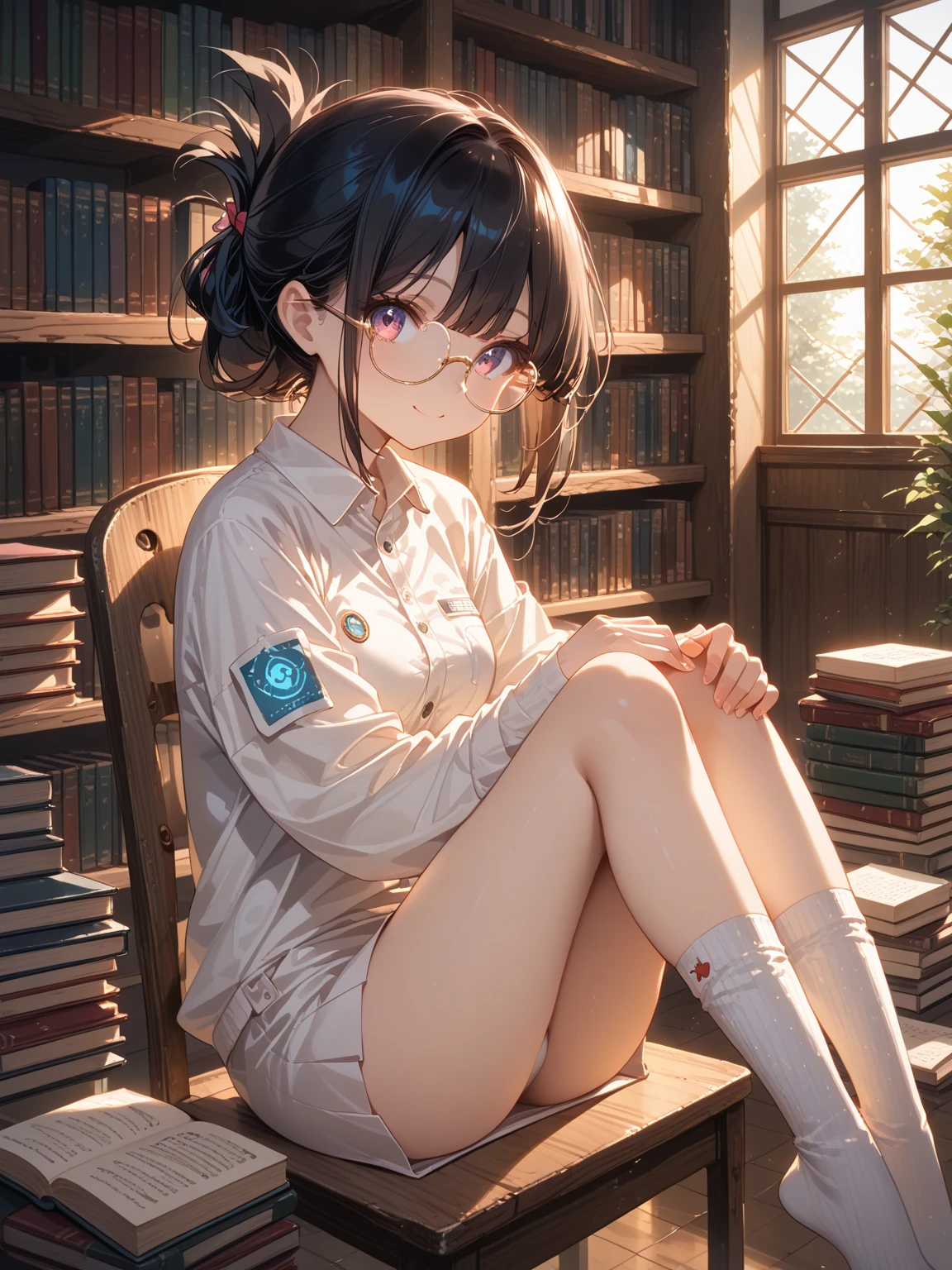High quality, Girl, Long hair, pony tails. Smiling, Knee socks, Legs, book, kawa, Aesthetic lighting, Good lighting, Realistic lighting, well-composed, Ultra detailed, Detailed eyes
