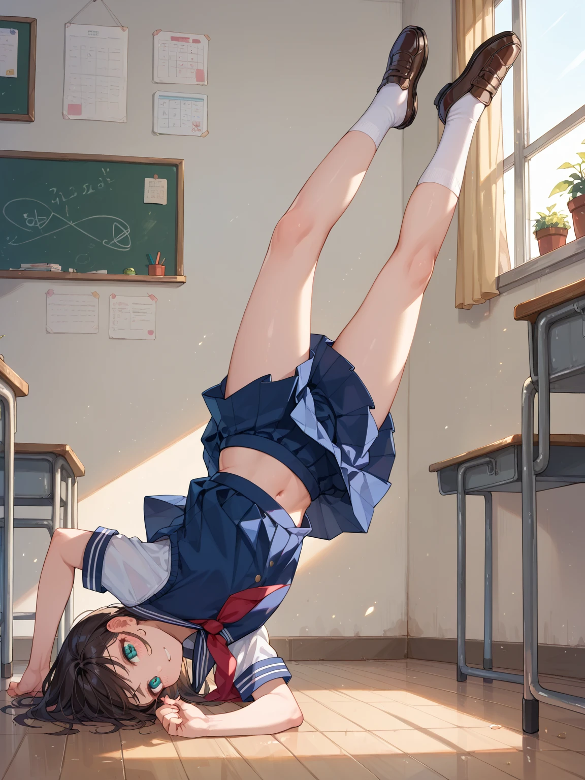 (photorealism:1.2), beautiful woman, Student hanging upside down in school uniform, whole body, top view, anime