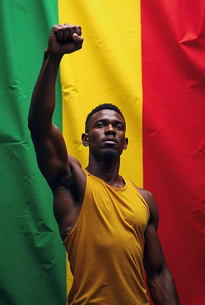 Un homme africain teint sombre gros petit tout zinzin avec le drapeau Camerounais derrière lui. A genoux