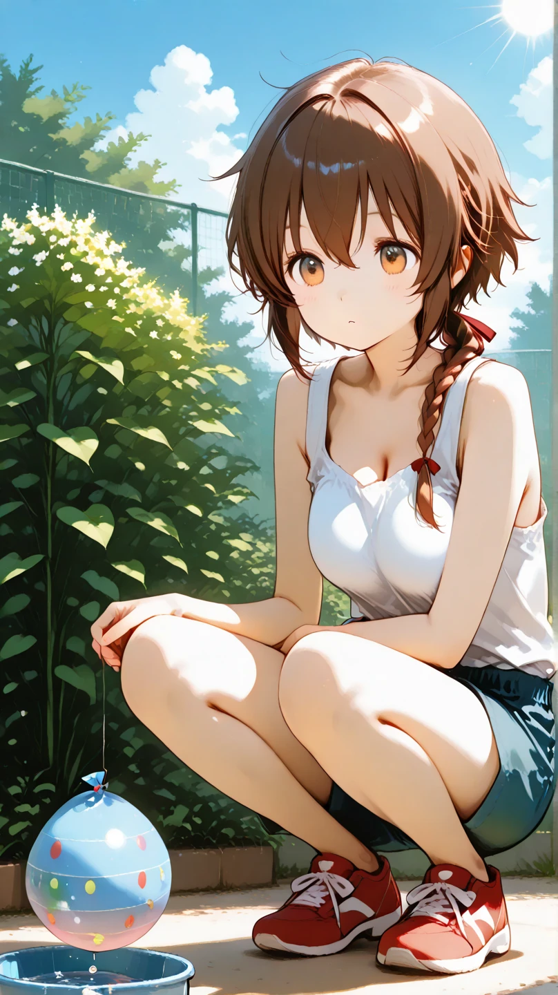 Una chica de anime en un campo de hierba,sentada en la hierba, 1girl, sola,piernas abiertas,Exposed , completamente desnuda, sin censura,piernas abiertas,obra maestra,mejor calidad,censurado, brown hair, Misaka Mikoto, brown eyes, senos, small breasts, completamente , , sonrojarse, Cerco, Censura de mosaicos, pelo corto, piernas abiertas, valla de alambre, tag