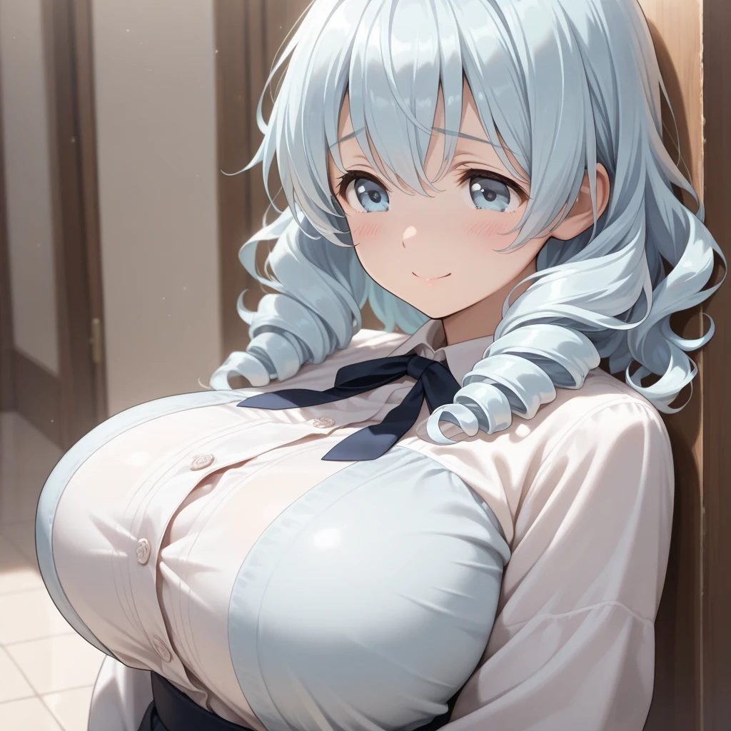 masterpiece, best quality, beta, silver hair, white shirt, frills, pencil skirt, cleavage, ((huge  breast,big breast,large breasts,wide hips,slim midriff)) walking, stairs, city street, clouds, sky, looking at viewer, smile,blue eyes
