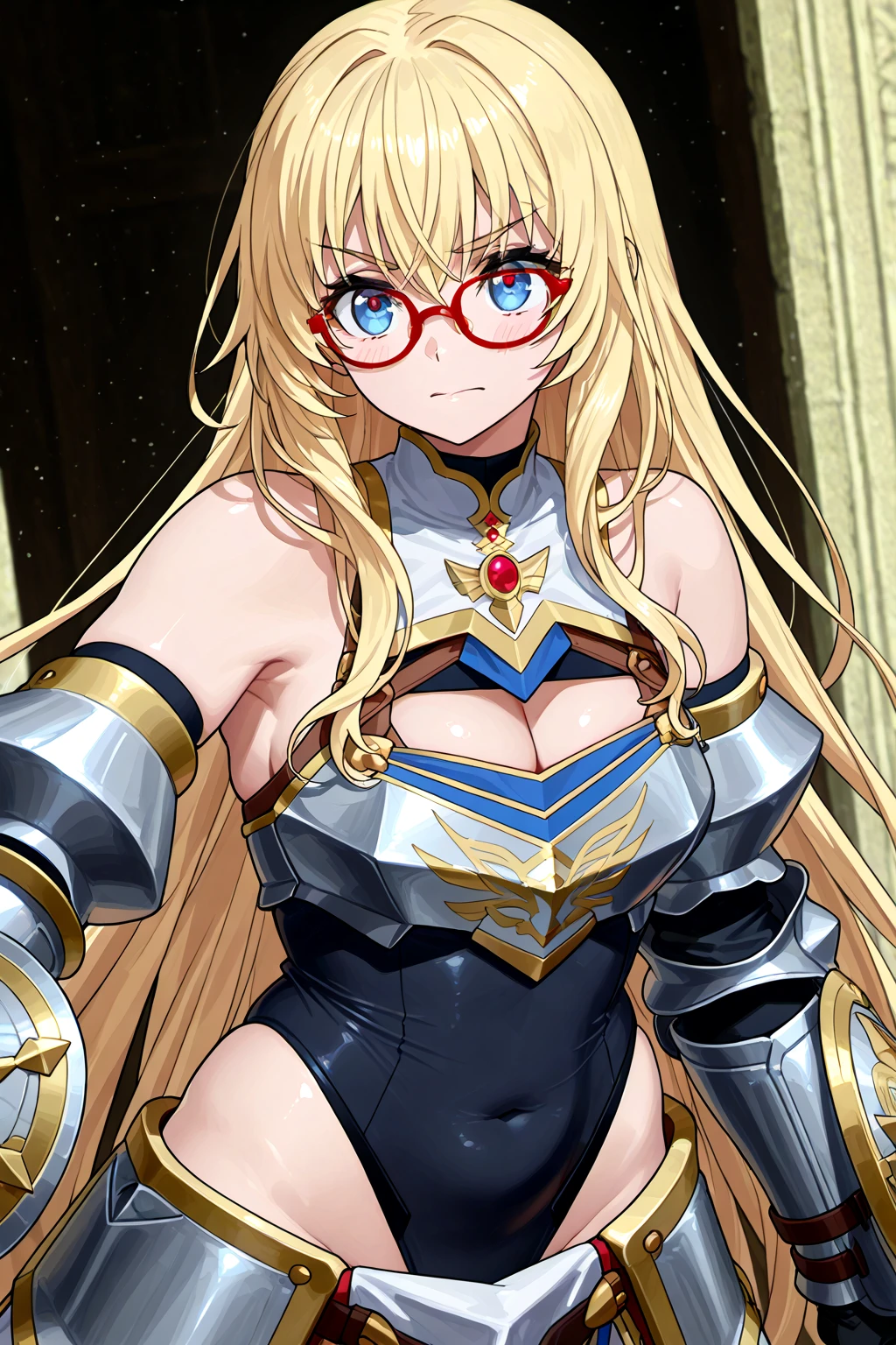 highest quality、Realistic、Women、zoom、Cobalt blue eyes、Long blond wavy hair、Hero Suit、Glossy white bodysuit、Blue and gold accents、slender、Dark Skin、Large Breasts、Glasses、Rooftop、An inappropriate smile、Bust Shot、