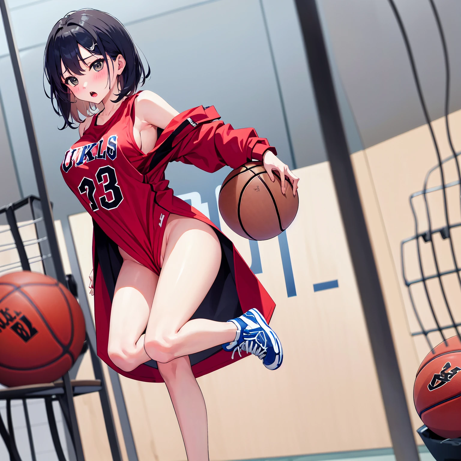 Highest quality、High resolution、Detailed Background、Beautiful Face、High detail、(Perfect Anatomy, Perfect Style)、(Detailed facial expressions)、(fine grain:1.2)、Teenage Beauty、(very wide shot:1.5, full body:1.4), One Girl、, Cute black hair、Braided Bob, Braided, clear, deep blue eyes、Braided Ponytail, Braided bob cut, Basketball game in the gym, jumping:1.5, dunking:1.5, brake, Incredible jumping ability:1.5, Suspended in the air in a shooting position:1.5, Incredible jumping power and long flight times, ((aerial view:1.5, shoot from behind:1.5, looking away)), (Bright red basketball uniform:1.5, White Line、Same color above and below, No sleeve:1.5, Shorts, High-cut basketball shoes)、(armpit:1.2), ((large breasts:1.2, pointy breasts:1.2, high breasts:1.2)), Dunk a basketball held above your head from the top of the basket:1.5、The goal ring is 3m above the ground.