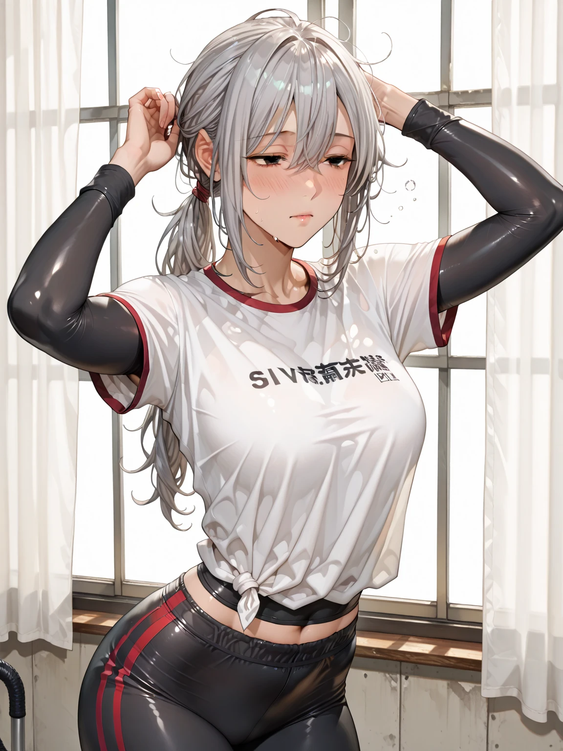 (best quality, 4k, highres, ultra-detailed), riding machine, solo, 1girl, medium breasts, long hair, cropped tank top, healthy skin, ultra-detailed eyes, glowing eyes, blush, breasts, navel, trembling, sweat, tears, steaming body