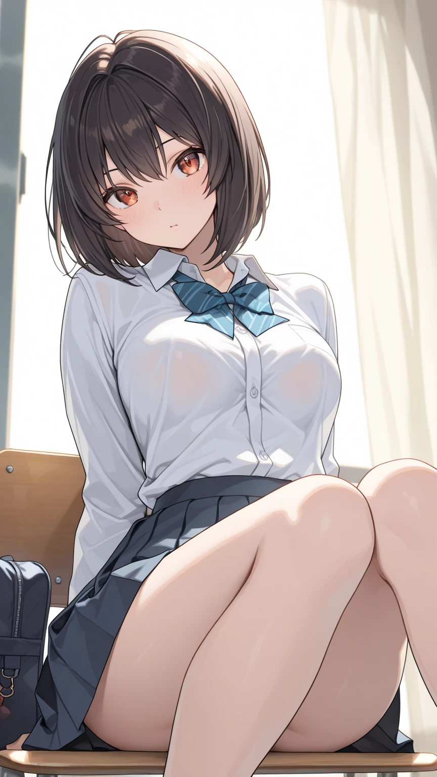 (masterpiece), best quality, expressive eyes, perfect face,skirt, peniparker, w sitting, siting on ground legs on ground, arms between legs, both arms between legs, adult looking, big breast, good breast