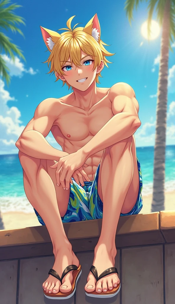 masterpiece,best quality, highly detailed, score_9, score_8_up, score_7_up, score_6_up,source_anime, BREAK, 1mature male, cloud strife,beach, beachball, crashing waves, sand, beer, smile, sweat, swim trunks, sexy,sunshine, standing, hot, ,wet bosy , wet hair, sand on body , ruffled hair