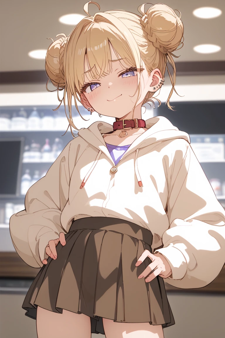 (1 girl),(Masterpiece),(High quality image),(perfect workmanship),(perfect image quality),(perfect image resolution),(himiko toga),(anime),+,(Boku no hero academia),(Yellow eyes with cat's pupils),(short blonde hair with polka dots),(wearing),+,(a black jacket with denim shorts)