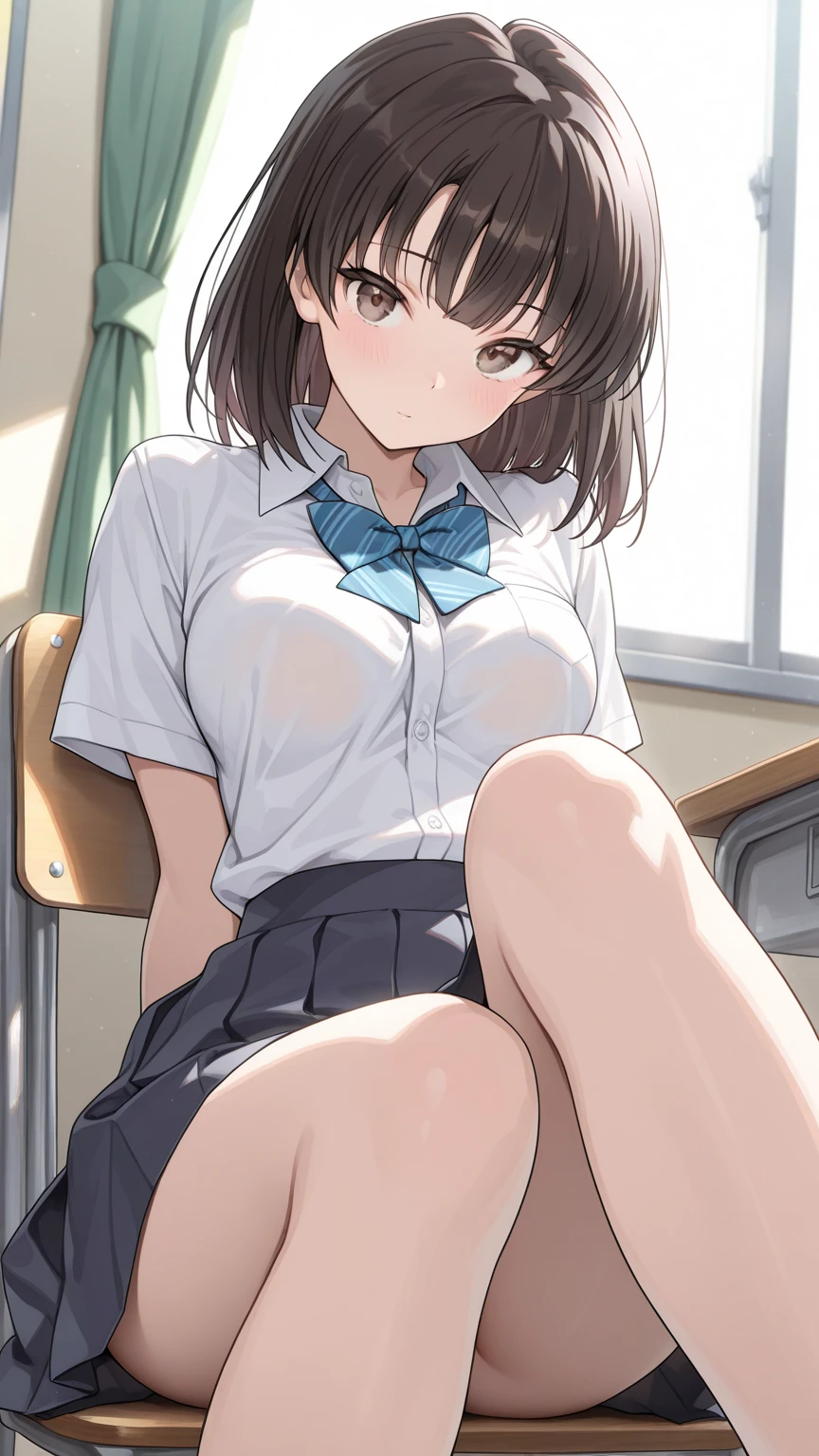 1 woman, 17 years old, curly bob hair, plump body, red eyes, Indonesian high-school uniform, (white transparent shirt), osis logo on shirt pocket, big breasts, light-grey pleated skirt, sitting on a chair, full body shot, smiling, in the classroom.