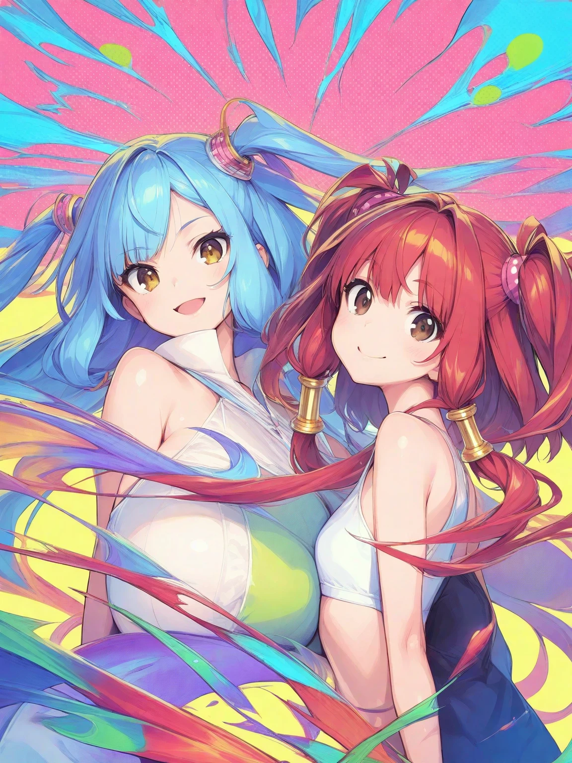 Anime-style full-color 64k sketch of an anime-style duo featuring feminized anthropomorphic Pokémon Typhlosion and Samurott, wearing swimsuits with special particle effects resembling their specialty types, anime
A meticulously detailed sketch featuring a feminized anthropomorphic Typhlosion and Samurott. The sketch captures them in a mostly anime style, rendered in full color to highlight their vibrant features. Both Pokémon are depicted with a graceful and commanding presence, showcasing their elegance and power. They are wearing swimsuits, designed with sophisticated patterns and colors that reflect their respective types. The 3D elements add depth and realism while maintaining the charm of anime aesthetics.
**Characteristic Features**:
- **Typhlosion**:
- **Hairstyle and Color**: Typhlosion's fiery orange and yellow hair styled in a sleek, flowing manner, with piercing red eyes.
- **Clothing**: A stylish, elegant orange swimsuit with flame accents, featuring intricate patterns reminiscent of fire energy.
- **Facial Features**: A fierce yet graceful expression, capturing her fiery spirit.
- **Special Particle Effects**: Ethereal, glowing particles resembling fire energy, swirling around her, adding a mystical and powerful aura.
- **Body Structure**: Humanoid, with a slender, athletic figure, flame-shaped markings on her arms and legs, and a long, fiery tail. Her skin has a smooth, slightly scaled texture, adding to her fiery appearance.
- **Samurott**:
- **Hairstyle and Color**: Samurott's sleek, flowing blue hair with white highlights, and deep blue eyes.
- **Clothing**: A stylish, elegant blue swimsuit with wave accents, featuring intricate patterns reminiscent of water energy.
- **Facial Features**: A regal and commanding expression, capturing her aquatic majesty.
- **Special Particle Effects**: Ethereal, glowing particles resembling water energy, swirling around her, adding a mystical and powerful aura.
- **Body Structure**: Humanoid, with a