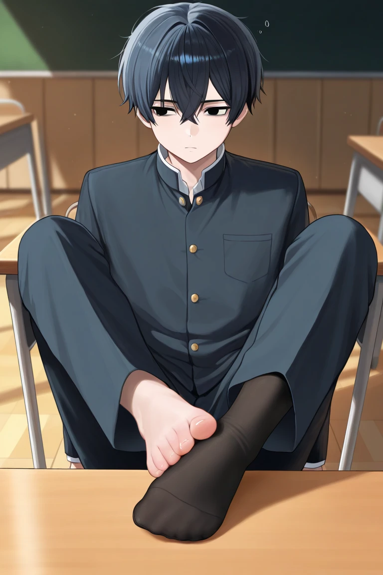 score_9, score_8_wonderful, score_7_wonderful, sauce_anime,student ,Tensura,yuuki_kagurazaka,Male Focus,1 male,No pants,Red tie,blazer,Bow-legged,Crouching,Place your hands behind your head.,penis,Leash Collar,View your audience,Crouched black hair,blue eyes,humiliation