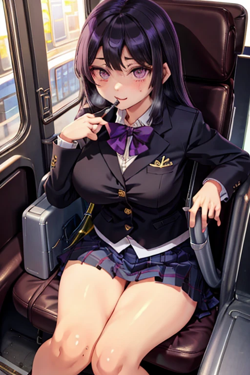 nsfw, masutepiece, Best Quality, colorful, ray tracing, perfect lighting, extremely detailed 8k wallpaper, detailed background, High resolution, solo, 1girl, Full body, Description Girl, detail hands, Detail fingers, Detail Face, cute face, detail legs, overdetailed art, Fine details, beautiful detailed eyes, hyper detailed, beautifuly color, high details, high quality, large breasts, large ass, black hair, bobcut, black eyes, school uniform, blazer, plaid skirt, train, naughty face, mizuryu, ((sitting on seat)), purple panty, purple bra,