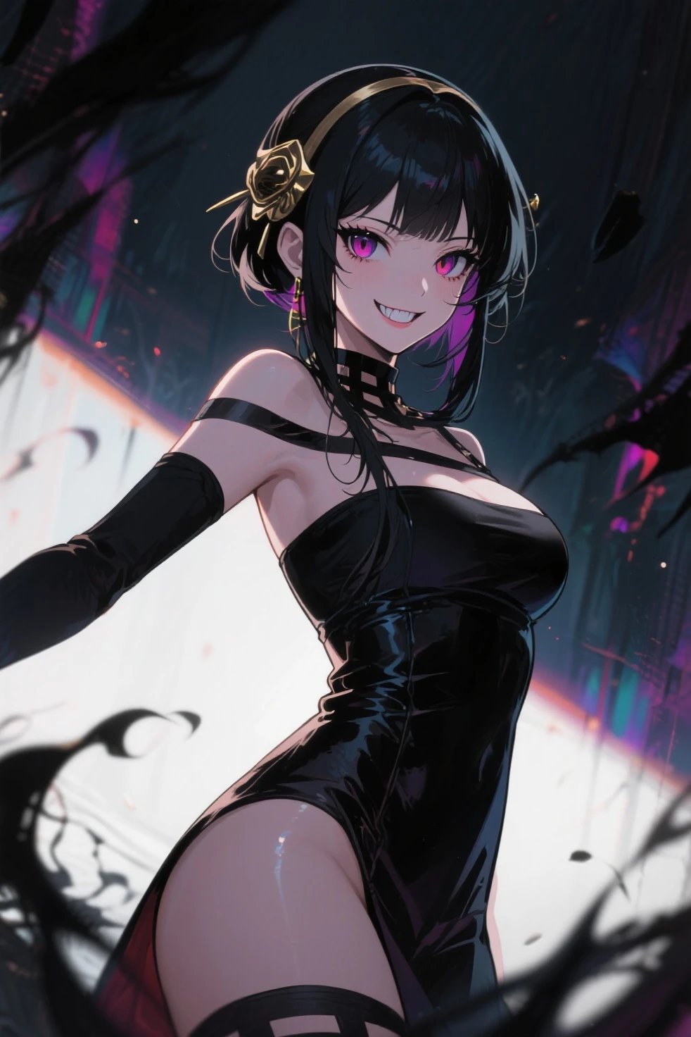 ((Highest quality)), ((masterpiece)), (detailed), (Perfect Face)、The demon woman is Shinobu Kochou, with black bob hair with purple gradation at the ends, styled in a formal evening hairstyle.、The woman is an evil man-eater and wears revealing clothing、City of night、Demon slayer