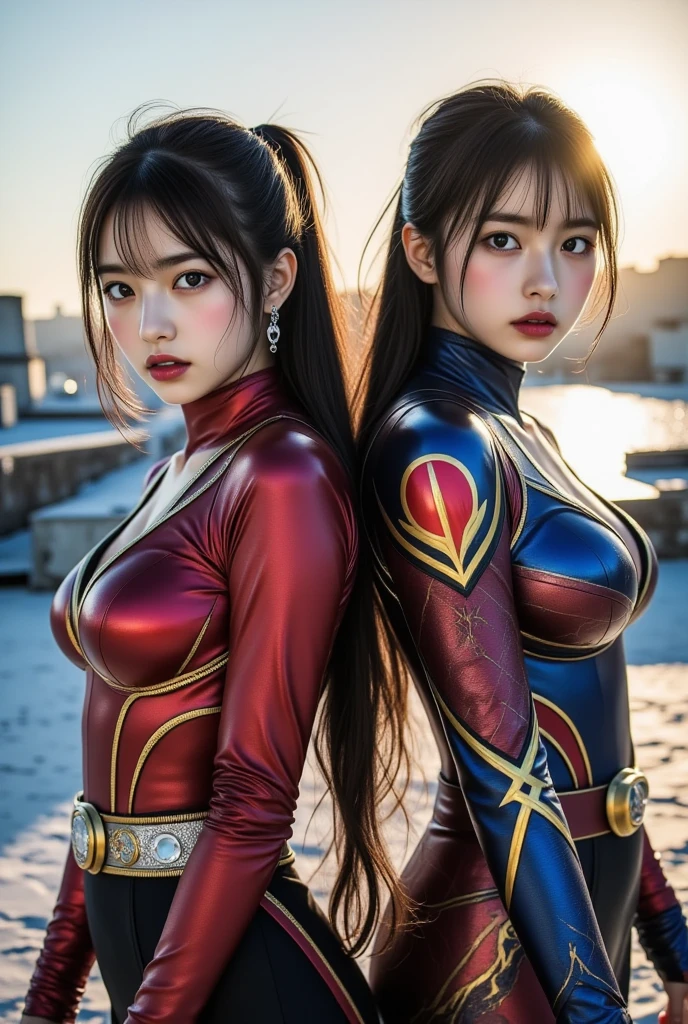 Huge weapons(((A strong, brave face))), A brave and courageous image of a five-member ranger team, woman, Each is adorned with vibrant colors.、:: Bright pink, (((red))), black, Fluorescent blue, Shocking Yellow. エネルギーと勇気を醸し出す背景 dynamic trace, Embodying the essence of the classic Sentai superhero team. Each Ranger:: The clothes are sophisticated and modern, Each color has elements that reflect its theme., Ready for action. dynamic trace, Fighting Pose, ((Camel Toe)), neon, sunset, fire, flash, Backlight, plasma,
