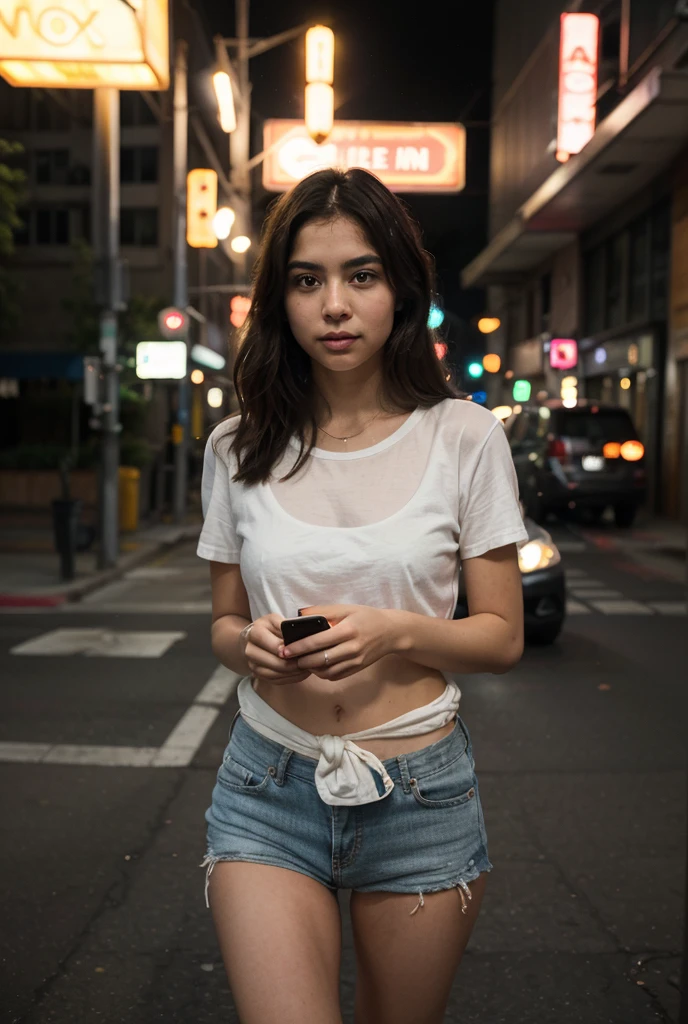 Generate a realistic image of Jortega as a 20-year-old American woman in a Tokyo street at night. Envision her in a slim physique, wearing white panties, a white shirt, and a tie with a ponytail. Capture her friendly smile as she blends into the crowd surrounded by neon signs, creating a captivating scene in the dark-themed Tokyo street.

Employ analog-style photography techniques to mimic a Polaroid shot or vintage 1980s film style. Ensure that the overall imagery is realistic and free from explicit or inappropriate details.

The result should be a genuine portrayal of Jortega in a night street scene, adhering to the specified age and clothing details, while maintaining an appropriate and non-explicit representation.