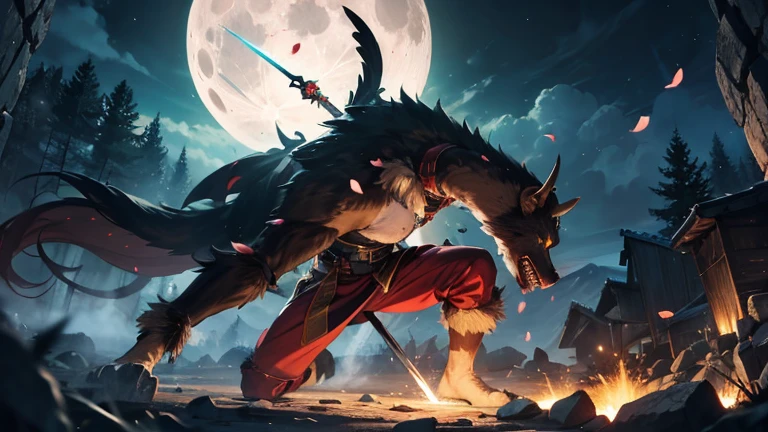 panda bear monster, oriental armor, serious expression,, An image of various oriental monsters heading in all directions around the screen on a moonlit night., ghost, wild boar, fox, Goblins, etc. appear, Monsters running out in all directions from the center point of the screen