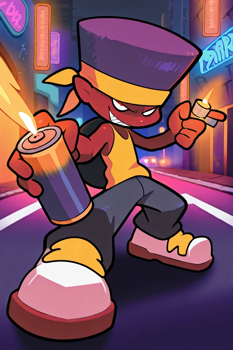 Darnell Friday Night Funkin, yellow head bandana, tokyo night background, street, colorful lights. Beautiful lighting. One spray can in hand. Smirking. Tall. Cool pose. Purple flattop hair. Yellow sleeveless tank top. White shoes, yellow shoelaces. Graffiti walls. Lighter in hand. Mini van in the back