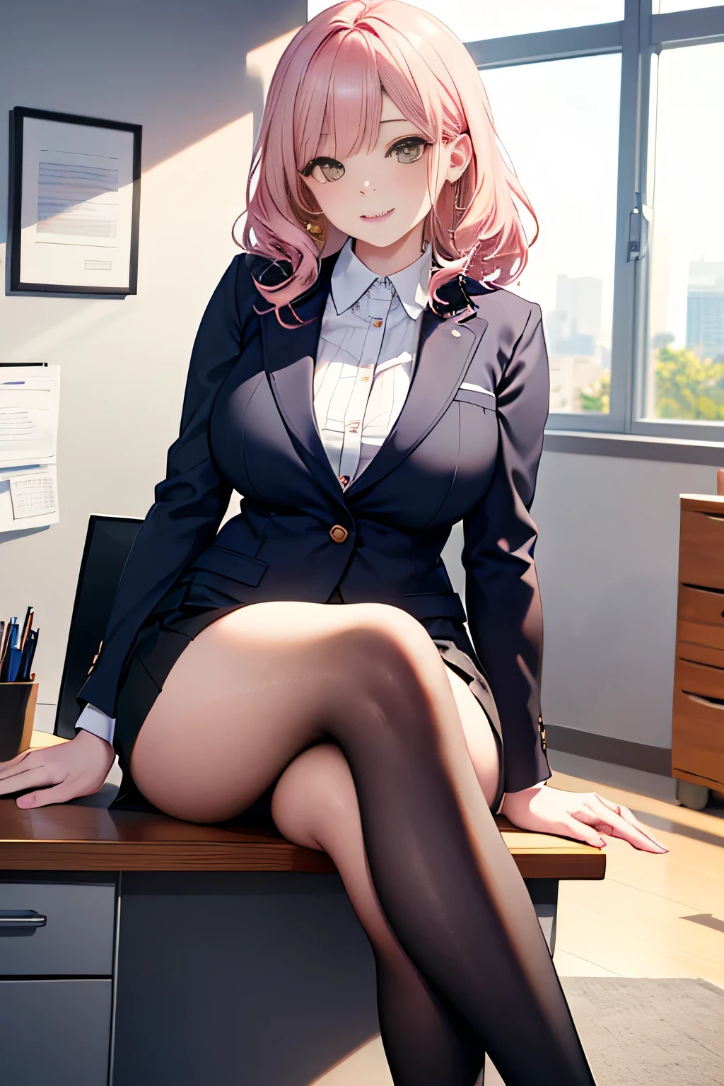 1girl, magical girl, panties,skirtlift,((upskirt)),((pantyshot)),(pink panty),((Small panties)),((Thin panties)),(((See-through panties))),(((black pantyhose))),white race panty, ,Are crying,Anguished expression、Embarrassed look,8k,Realistic、Anime illustration,CG、masterpiece, best quality, 1 girl, solo, large breasts, office staff suit, jacket, pencil skirt, panties under black pantyhose, (show off panties:1.1), embarrassed, spread legs, sitting, office、Falling and spreading his legs、
