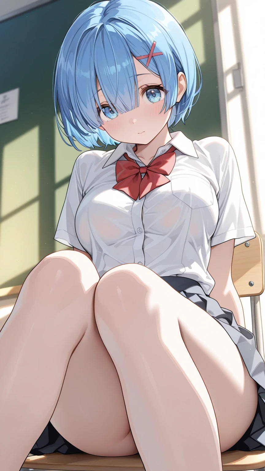 reiayanami, Rei Ayanami, Blue hair, Short hair, (Red Eyes:1.5),Smaller head、 ((she is wearing a middle school uniform, Sleek and fit to the body, With subtle blue accents)),Headgear, BREAK outdoors, city, BREAK looking at viewer, BREAK (masutepiece:1.2), Best Quality, High resolution, Unity 8k壁纸, (Illustration:0.8), (Beautiful detailed eyes:1.6), extra detailed face, Perfect Lighting, extremely details CG, (Perfect hands, Perfect Anatomy),((Spread your legs apart:1.3))((redPanties))