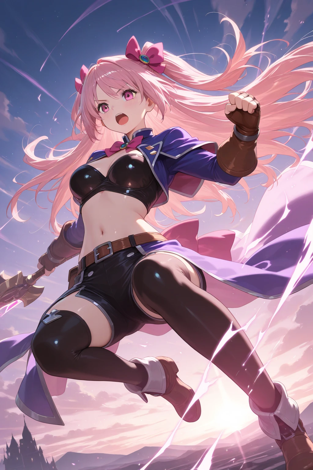 1 girl, (masterpiece), (high quality), (8k resolution), (best quality), (masterpiece:1.5), ((anime)), vibrant details, 1girl, (cute:1.2), beautiful, high-quality and detailed face, perfect face, (pink hair:1.4), rosy cheeks, detailed eyes, (blue eyes),colorful eyes,(watery eyes),nsfw,, slender body, looking at viewer, open mouth, shiny skin, big breasts, cleavage, ((knight uniform)), sitting, bed, straddle, (blushing:1.5), ahegao face, Accentuated Legs
