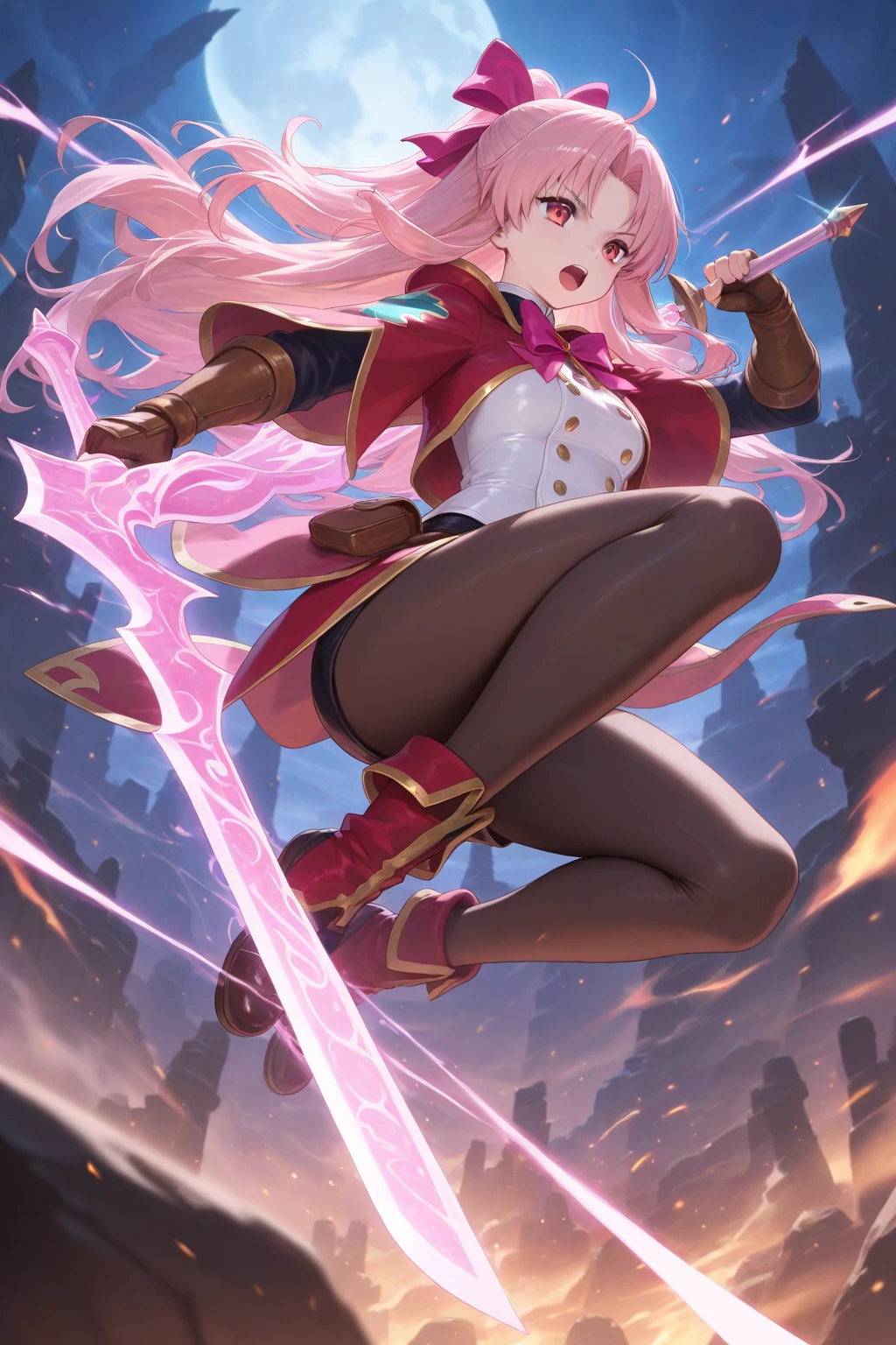 (((Masterpiece)),fullbody ((Super Detail, Best Quality, Hi-Res, 8k Wallpaper)) (One Girl) (Pink Hair, Long Hair, Straight Hair, two Sides Up)) (green eyes), eyeshadow, eyeliner, glow eyes, hyper detail eyes, complex eyes, beautiful eyes, (glowing pink pupils)) 18 year old girl .smile.wearing Chinese dress,((torn clothes)).actionpose,acrobatpose,kick.kick.kick.fighting stance,flame,burning