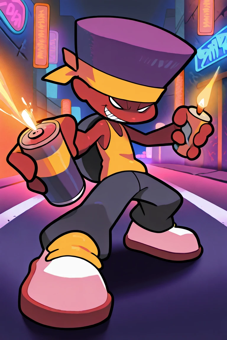 Darnell Friday Night Funkin, yellow head bandana, tokyo night background, street, colorful lights. Beautiful lighting. One spray can in hand. Smirking. Tall. Cool pose. Purple flattop hair. Yellow sleeveless tank top. White shoes, yellow shoelaces. Graffiti walls. Lighter in hand. Mini van in the back. 