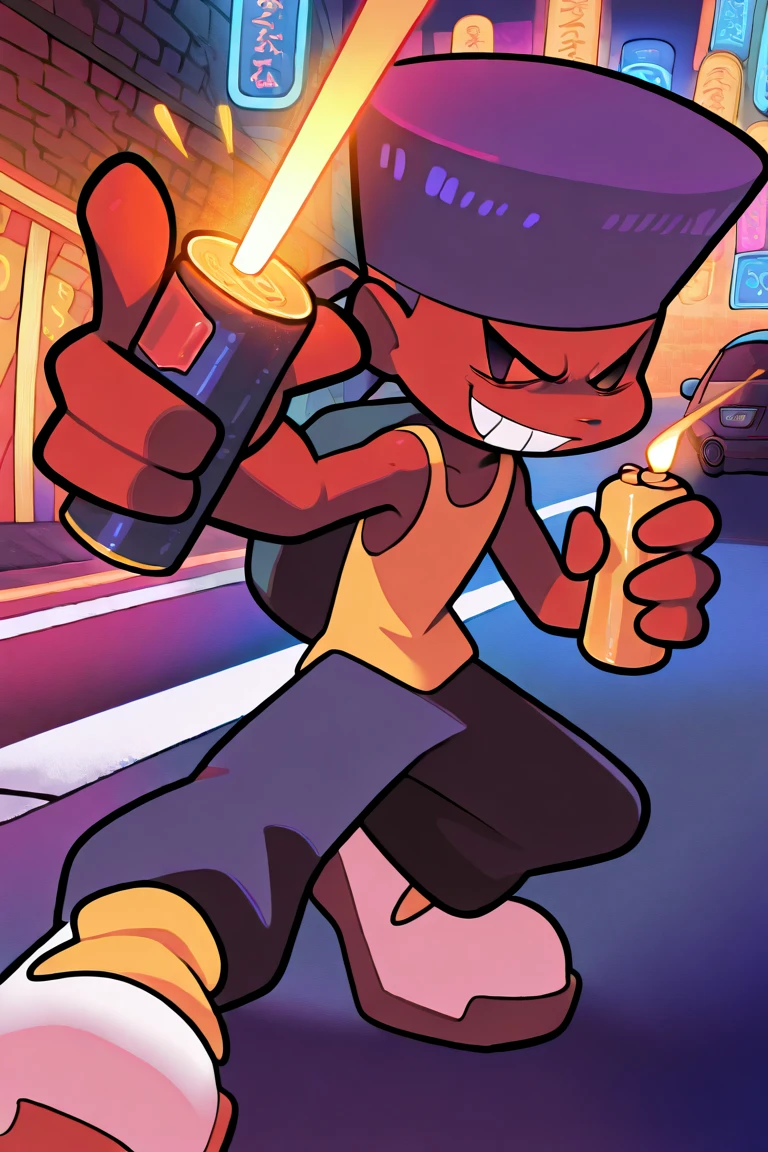 Darnell Friday Night Funkin, yellow head bandana, tokyo night background, street, colorful lights. Beautiful lighting. One spray can in hand. Smirking. Tall. Cool pose. Purple flattop hair. Yellow sleeveless tank top. White shoes, yellow shoelaces. Graffiti walls. Lighter in hand. Mini van in the back. 