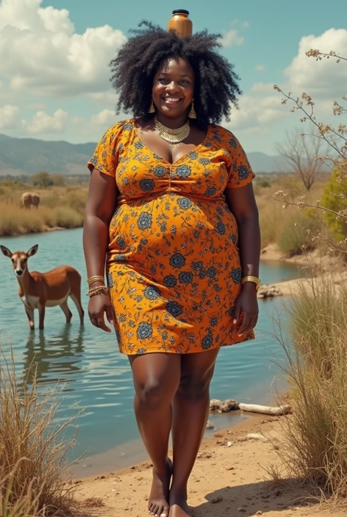 Extremely Hyperpregnant Namibian woman with huge belly wearing a dress