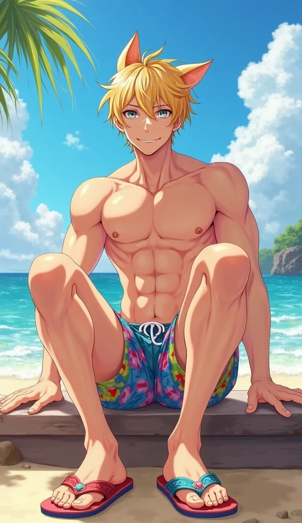 Femboy, blonde hair, blue eyes, shirtless, smooth chest, black short shorts, thick thighs