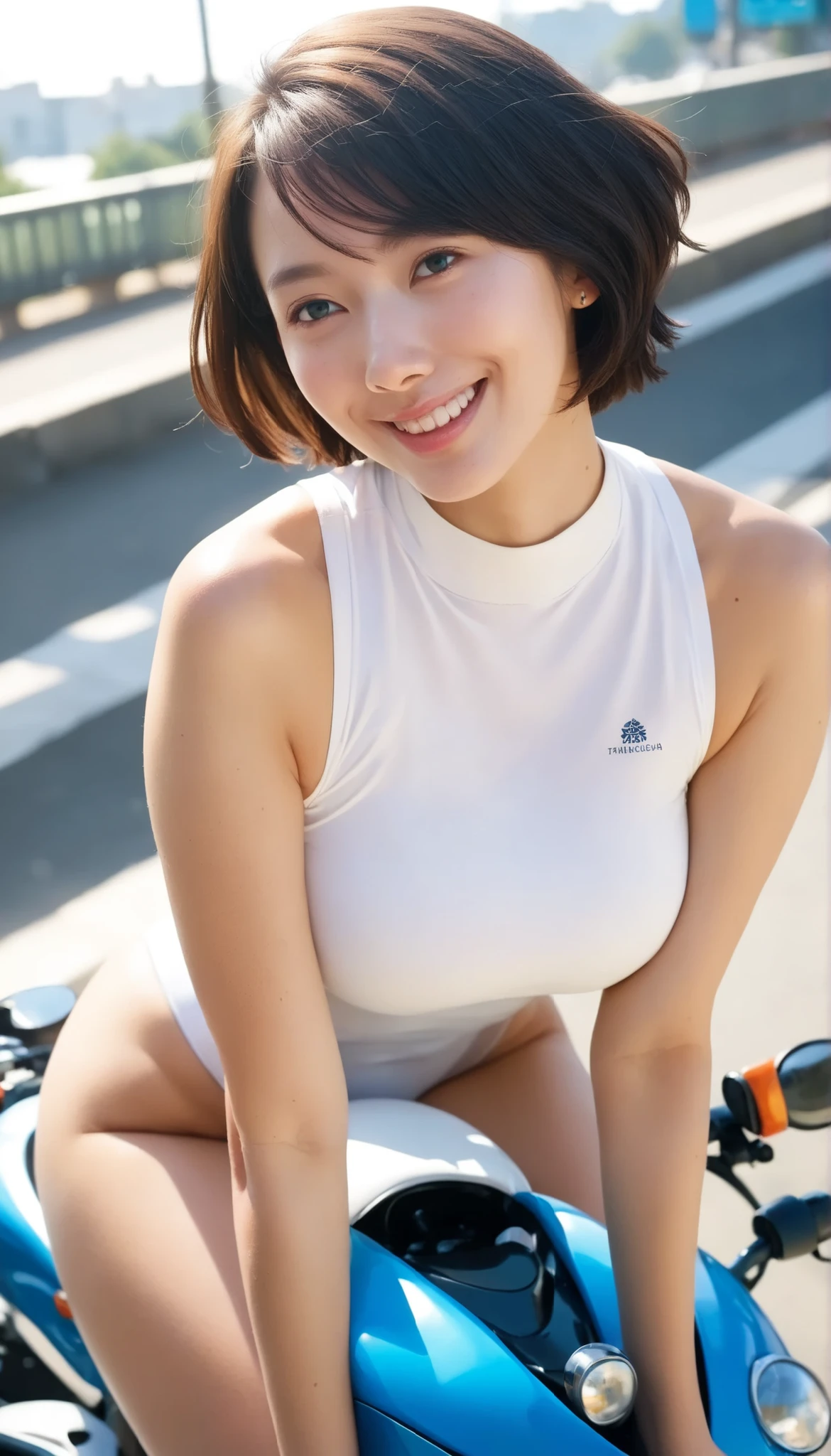 (Woman in swimsuit), pictured with motorcycle, posing for photo, very small breasts, long legs, very detailed, (big warm smile), (black bob cut)