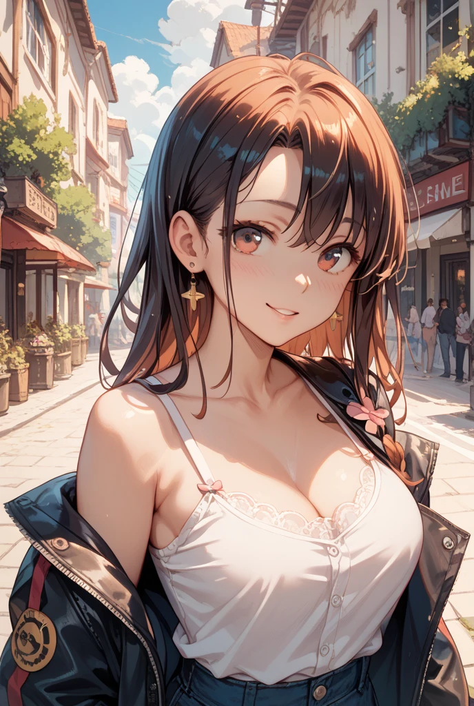 （A Certain Science Railgun、Misaka Mikoto）、Brown skin、Japan schoolgirl uniform、（Medium hair in pink color）、Young、Cute、a beautifulchi girl、Perfect style、HugeBoobs、Emphasizes cleavage、deadpan、realisic、Realistic、８ｋ、Heavily detailed、最好质量、Top image quality、ultra-high-resolution、A masterpice、only girl、（The background is Tokyo Tower in Japan）、