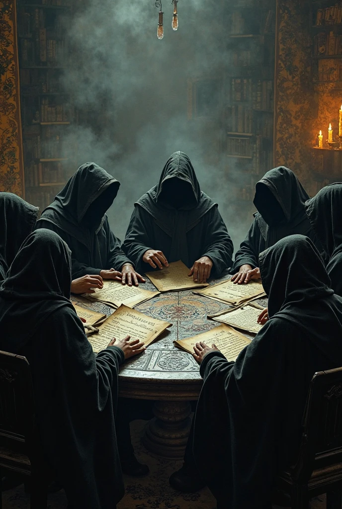 Close-up shot, Low angle shot, a candlelit room where five man sitting, their faces serious and determined and look at the viewer, wearing culthu robe with hood, the table covered with maps, books, and a glowing mysterious symbol. in the background representing the culthu influence. The contrast between the calculated plotting and creates a sense of tension and mystery, leaving the viewer questioning the true nature of the Illuminati.) unreal engine, cinematic, hyper-real, highly detailed, Ultra realistic HD --q 2 --v 6.1 --ar 9:16