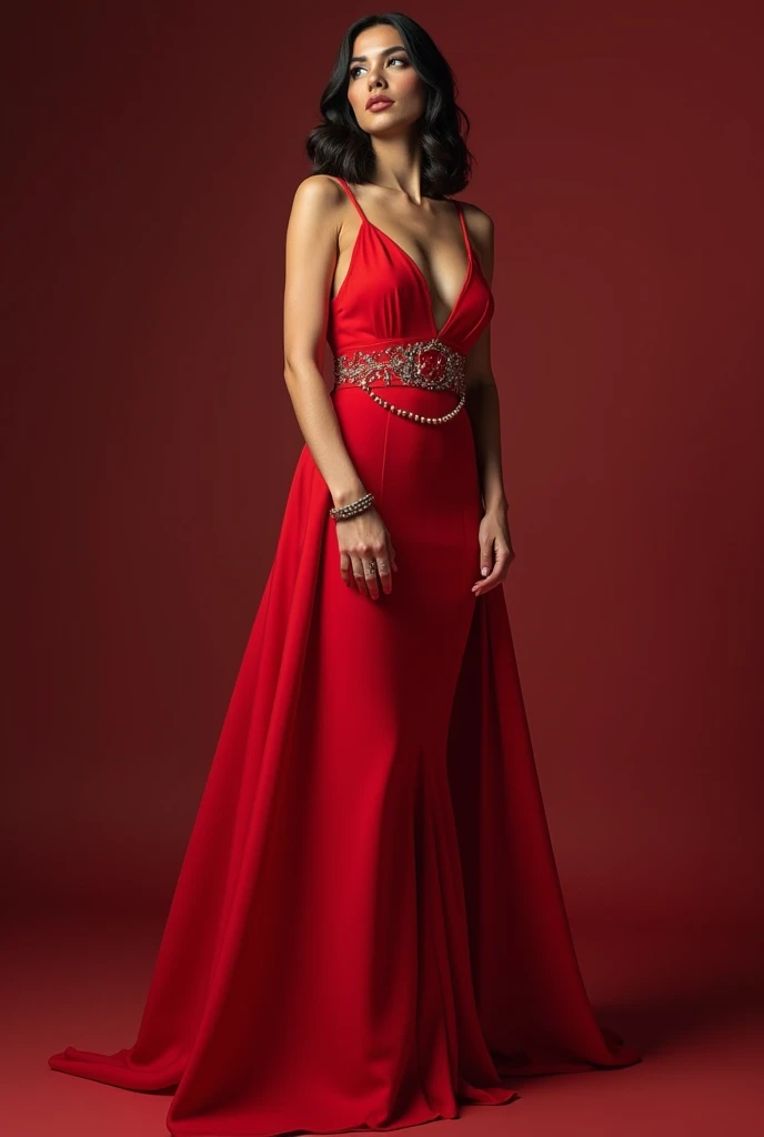 The woman, European appearance, It flies like a bird over the sea. Dressed in a translucent red dress, Translucent red scarf develops in the wind. pearls, a gold, Expensive jewelry.