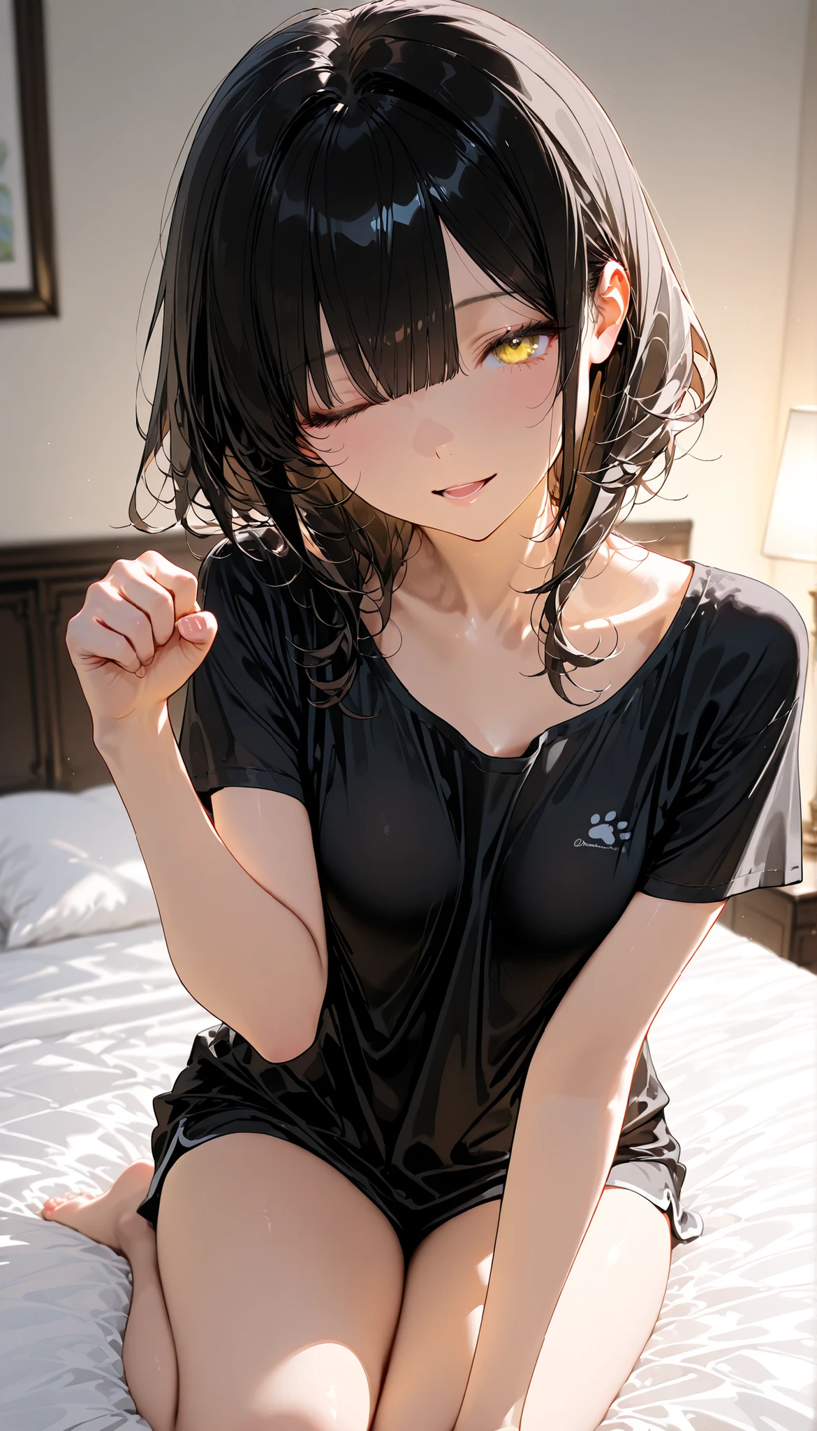 (((Have a condom)))、One Woman, alone, alone Focus, Cowboy Shot, Portraiture,, Beaver,((Black Hair)), Short Bob, Very fine eye, work, old Japanese gym clothes、((Bloomers))、 (Small TI quality, Very detailed,Bedroom、Lying in bed