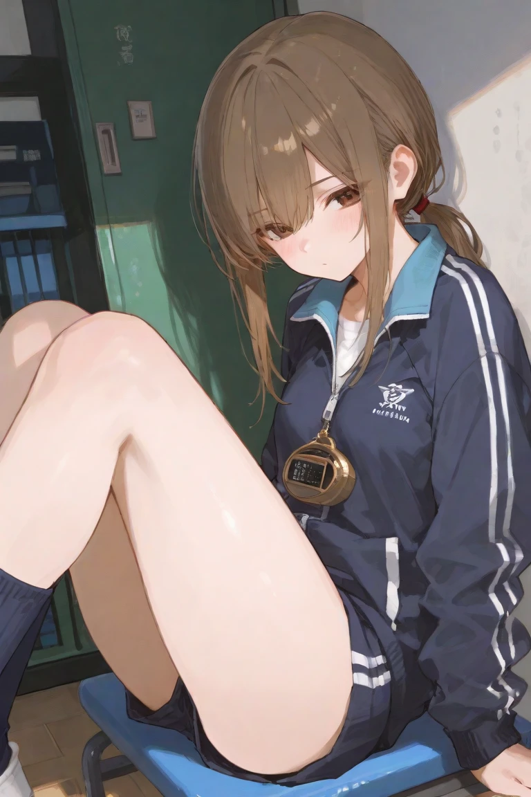 (masterpiece, best quality, absurdres, 4k, aesthetic, detailed, intricate),street,slav squatting,cinematic angle,1girl, air_jordan_1,epfegoldmary,brown hair,long hair,yellow eyes,track suit,grin,gold chain,jewelry,yellow footwear,grin,baseball cap  