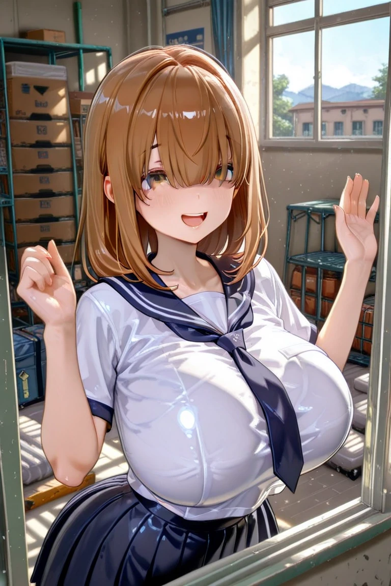 (Anime Style),1 girl, alone, masterpiece, highest quality, Amagi Brilliant Park, Sento Isuzu, Brown eyes, Brown Hair, Long Hair, ponytail, Hair between the eyes, Hair intake, Side Lock, Antenna Hair, Hair Ribbon, White ribbon、 ((Nipples, Big Breasts:1.2)),School swimming pool, please put your hand on your chest,View your viewers、smile, Outdoor、(Facing forward、Cover the subject completely)、(blush、Light in your eyes、Eye highlights、Shiny skin:1.5),Squint your eyes,Cleavage、Bust Focus、Embarrassed face,omannk