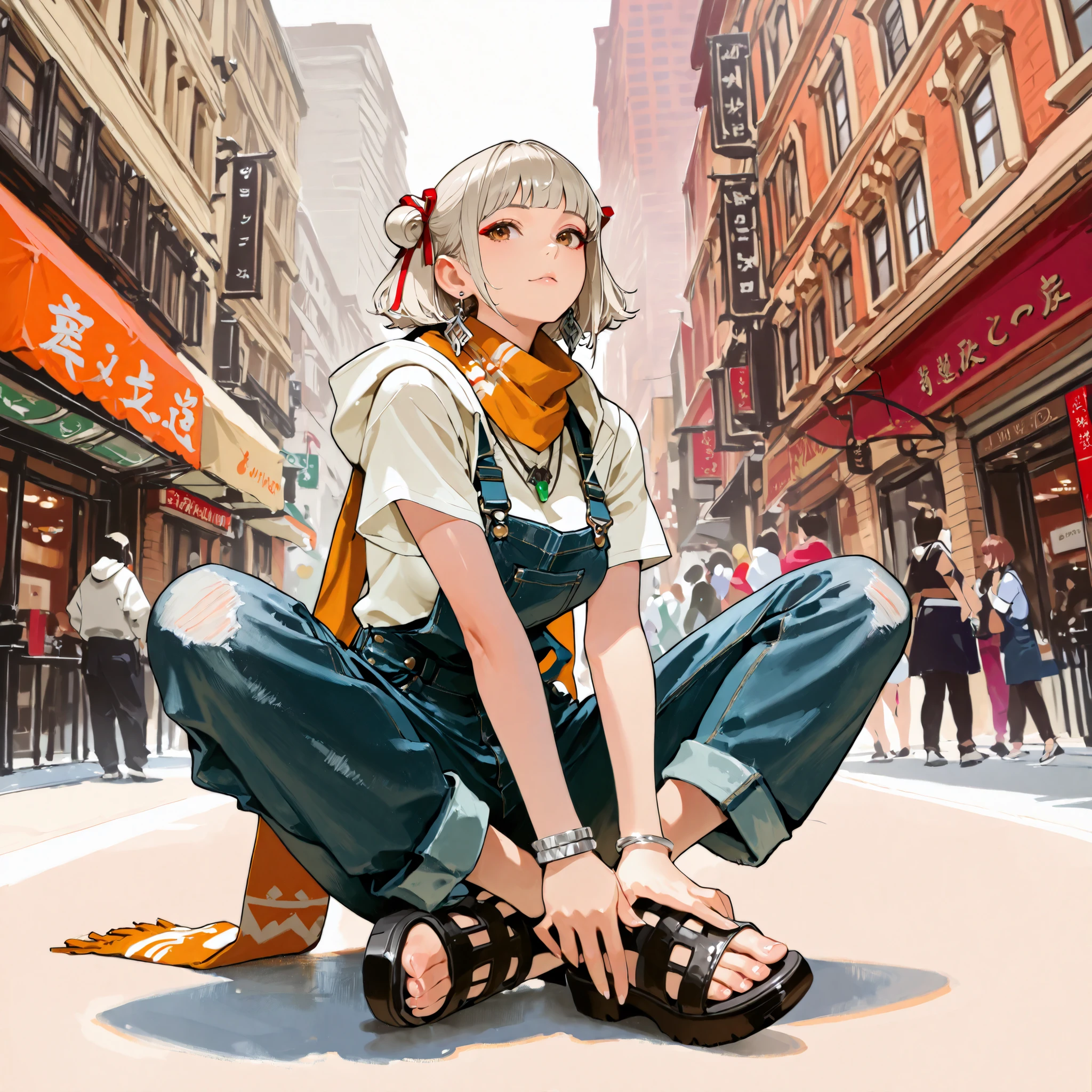 perfect anatomy,Elegant Koenji Girl,Girly Japanese Face with Attention to Fine Details, Brown eyes for high conscious people,(tall),(166cm:1.1),7,In my 40's,Beautifully Shaped Breasts,slender body,Waist,My toes are long ,glossy skin,Fair skin,Platinum colored puff hair,Chili perm cut,Bangs street,In my 40's,(Outer Dynamic Paint Loose Denim Blue Overalls),Thick short sleeve hoodie(With inner sleeves),Native American Style Luxury Jade Necklace,Sneaker Sandals,Sleek 、Slightly Extravagant Silver Earrings,Silver Bangle Bracelet,In my 40's,(Thematic depth:1.2),( Tokyo ,Suginami Ward,Koenji North,strict shin scarf style twin ribbons,Koenji Junjo Shopping Street:1.2),(Random Fashion Model Pose),In my 40's,Side Angle ,throw,(dynamic shadow:0.8),In my 40's,(God's miracle masterpiece:1.2,In my 40's,Best High Quality,High Quality:1.2, Unity 8k )