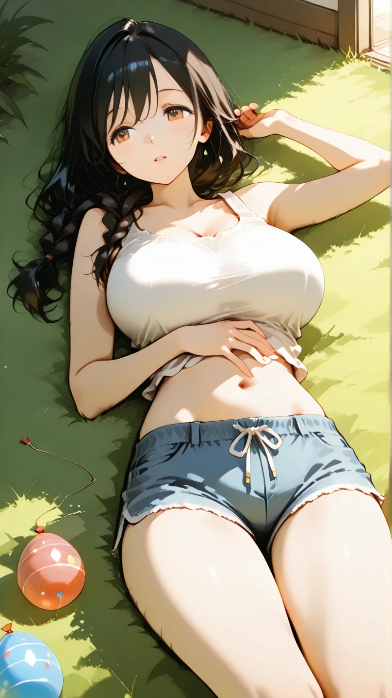 illustration:Ultra-delicate,A girl,25 years old,bra,Pink underwear,Pink lace underwear,Sexy thighs,Denim shorts,long hair,Expression of disdain,Large Breasts,In the grass,summer