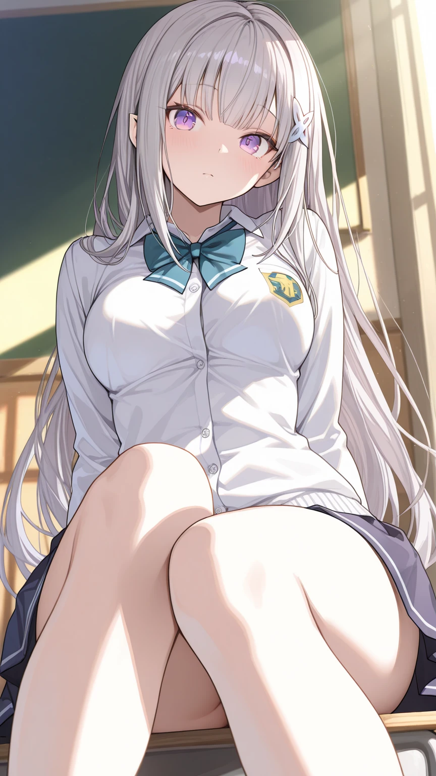 absurdres, masterpiece, best quality:1.2),illustration,8k,hd,ursula (takunomi),1girl, solo, blush, smile, closed mouth, (dark-skinned girl, tanned):1.5, sunburn:1.4, grey hair, long hair, red eyes, ((dragon horns)), small breasts, dark tanned skin, blue cardigan, white shirt, red bowtie, blue skirt,sitting, squatting, looking at the viewer, light rays, (((sitting, squatting))), (torn navy buruma, bloomers), cutout white shirt, navel, underboobs, lying, spreading legs, (((torn clothes, wet clothes))), ((black loose socks)), peeing, peeing over bloomers,peeing,Beauty,highres, (good anatomy),hentai,masterpiece,ursula,girl,best quality,pee, peeing over bloomers,