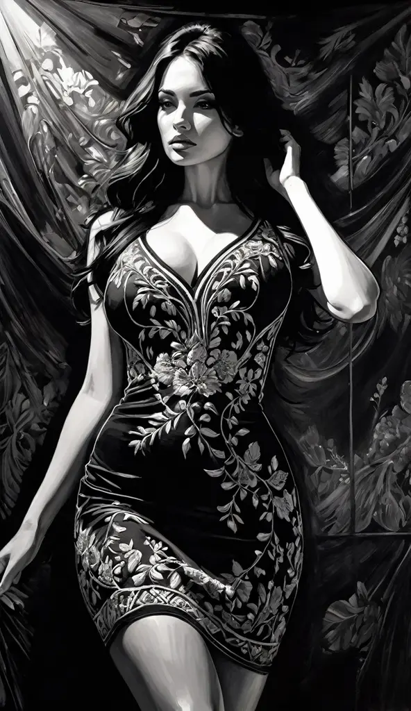eroticism, sexy, black and white image, curvy girl, long black hair,embroidered sexy dress, between shadows, oil painting, chiaroscuro, sensual, dramatic lighting, moody atmosphere, photorealistic, intricate details, masterpiece, ultra-detailed, high quality, 8k, best quality, realistic, cinematic, dark and brooding, expressionistic, powerful composition, emotional impact, Bill Sienkiewicz inspired art