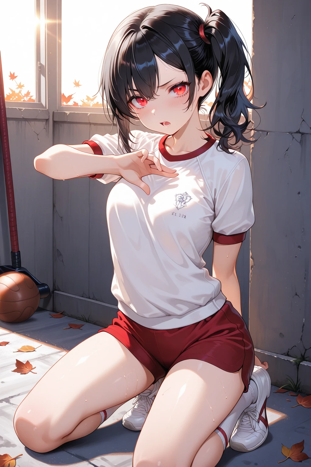 Erica、Pokémon、Black Hair、Short Hair、((Bike Pants))、Photo from below、Medium chest、Bedroom、One girl、Red ribbon on head、((Gym clothes with short sleeves))、(Black thigh-high socks)、Poop sitting