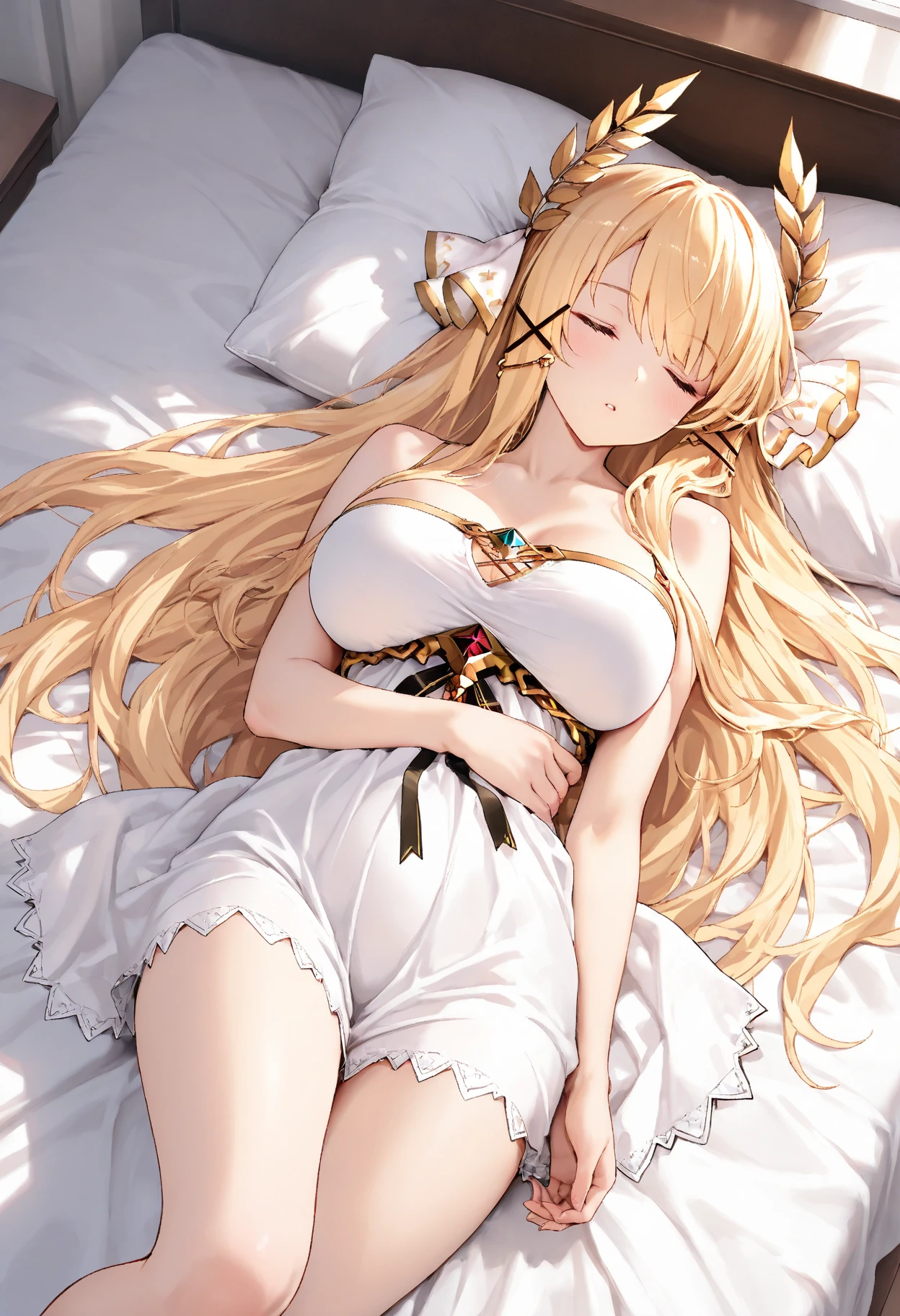 masterpiece, best quality, highres, perfect pixel, depth of field, 1girl, single, beautiful anime girl, beautiful artstyle, (beautiful eyes), (detailed face), (blush), anime CG style, good lighting, perfect body, lips parted, glossy lips,
PRİNCESS、Palace Bedroom、Gorgeous bed、Princess Bed、Gorgeous palace、
Golden Hair、Blue clear eyes、Round eyes、Detailed eyes、Plump lips、Pink Lips、Open your mouth a little、
Golden PRİNCESS Dresses、Gorgeous Dress、Gorgeous Futon、Golden tiara、(Princess with arms chained to bed:1.5)、Lying in bed、Spread your legs、(The princess ankles are chained to the bed by gold chains on either side:1.5)、The Captive Princess