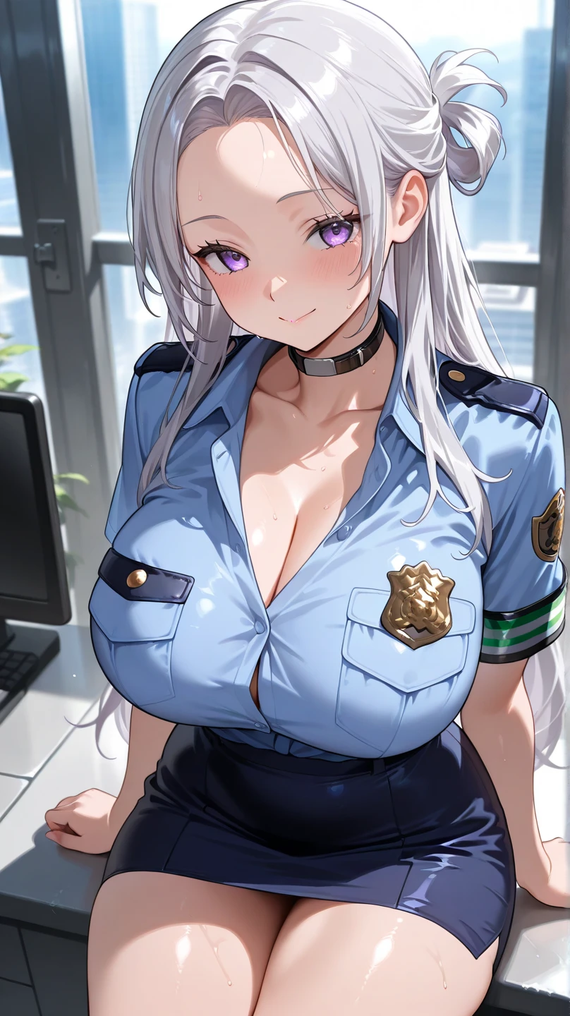 highest quality、All limbs、full finger、Slender beauty、straight hair、beautiful big breasts、female police officer、blue miniskirt police costume、night office、disgusting face、sweaty、Sheer clothing、sit down with your legs apart、masturbation、masturbation behavior、leaked sperm、Sperm caught、white panties、white bra、cleavage、stockings、No cap、