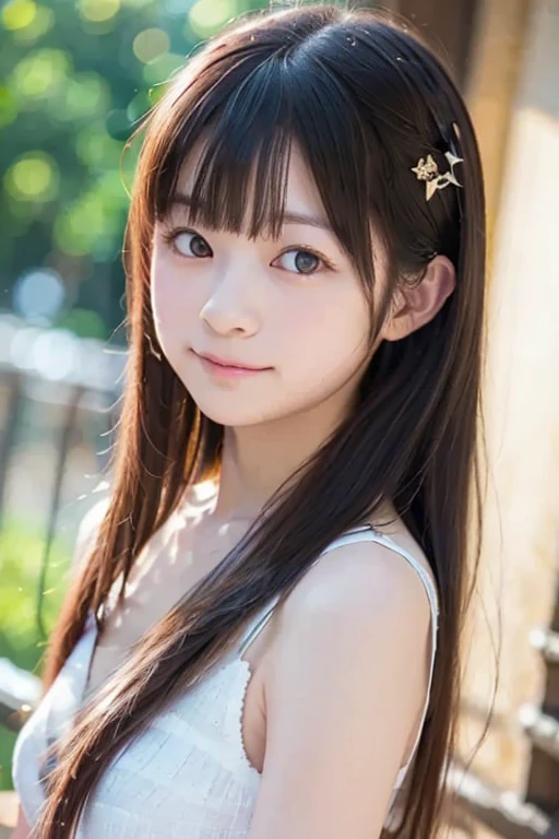 masterpiece, highest quality, １６K,enlightenment, Sax Blue, platinum earrings, platinum necklace, white dress, 1 girl, cute, (dynamic lighting:1.2), cinematic lighting, delicate features, detailed eye, sharp pupils, realistic student, in the forest, Bokeh, sharp focus, (super detailed, bloom, shine:1.4), brown eyes、brown hair、she is a tree fairy、forest background、in the forest、headband、