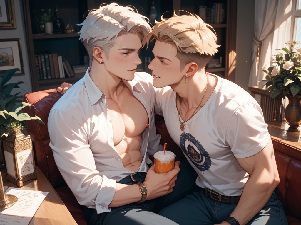 boy, 19 years old, very handsome, beautiful face, blue eyes, blond hair, shaved on the sides, visible muscles, thin beard and sideburns, sitting with a beer in his hand, looking 