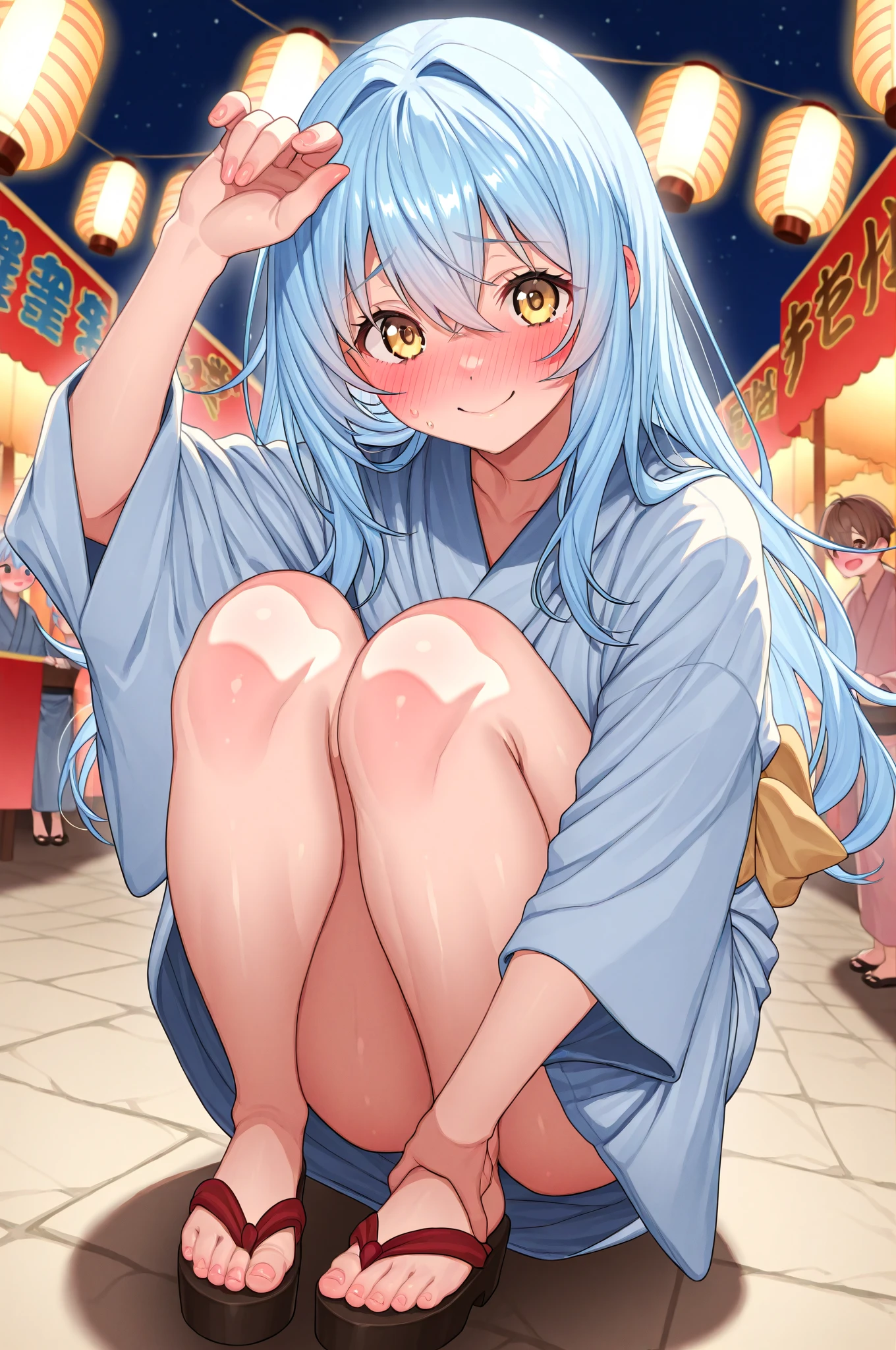 One Naked Girl、Walking on the main street、Only one person is naked、Spreading her legs、Light blue hair、blue eyes、Large breasts、Nipples、Expressionless and dead-eyed、Blushing、Feeling embarrassed、Are crying、Wearing a sailor uniform、Wearing green panties、Low rise panties、Daytime view、Arms folded behind back、Condensed milk is poured over the body、Condensed milk on your hair、condensed milk on the face