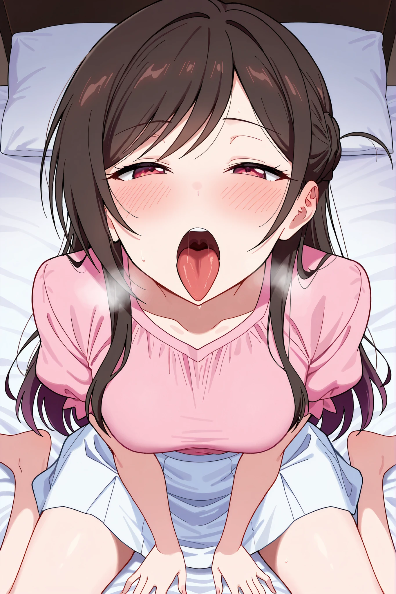 Chizuru, masutepiece, Best Quality, on bed, fully naked, nude, lying on bed, lay on bed, lay back, arms behind head, armpit exposed, sweaty armpits, pink nipple,full-face blush, nose blush, tongue drop, TongueDrop (ahegao): a LoRA in the ShirtLift universe, Tears, angry, Sideways, eyes on audience