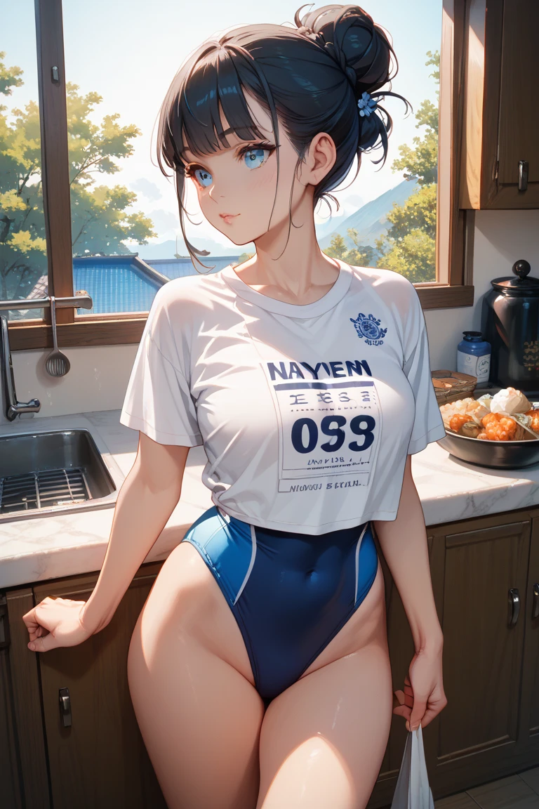Girly, short skirt, skirt bottom, blue and white striped panties, sensitive parts exposed, breasts exposed