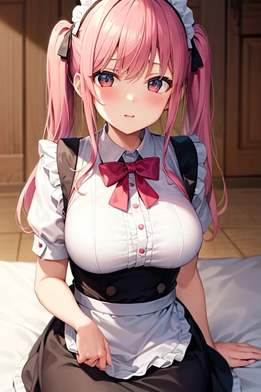 ((Half-open eyes))、Short sleeve、((A pure white mini-length dress with front buttons))、(Black ribbon around neck)、Navy blue leather belt around the waist、(Pink twin tails)、Amber Eyes、(Sleepy face)、(Droopy eyes)、Drooling from the mouth、round face、Big Breasts、beautiful girl、(Standing empty-handed)、highest quality、High resolution、anime、1 person、indoor