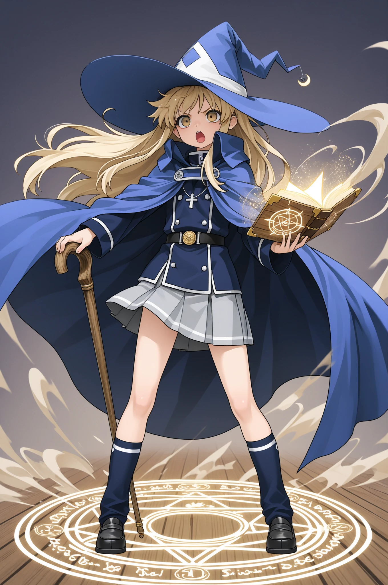 Second Sick Girl、standing with legs spread out、school uniform、a cloak with a high collar、Magic circle on the ground、Devil Summon Ceremony 、with open mouth、serious face、A wizard's large cane made of wood in his right hand、A long cane that exceeds one's height、Holding a spellbook in his left hand、A triangular hat with a very large brim、Show whole body、The Sorcerer's Wooden Wand、魔法陣からWind Blowing Up、(Wind Blowing Up:1.3)、Clothes and hat fluttering big in the wind